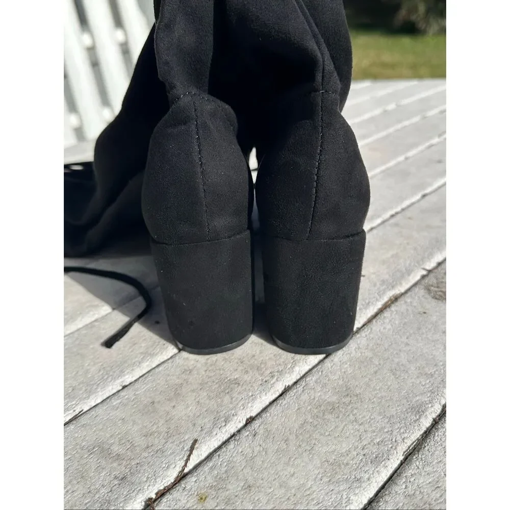 Black Velvet Over The Knee Boots Block Heel Size 7 New Sexy Chic OTK